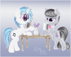 Size: 750x600 | Tagged: safe, artist:malwinters, dj pon-3, octavia melody, vinyl scratch, earth pony, pony, drink, magic, table, telekinesis