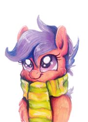 Size: 650x897 | Tagged: safe, artist:buttersprinkle, scootaloo, bust, clothes, cute, cutealoo, fluffy, portrait, scarf, simple background, smiling, solo, traditional art, white background