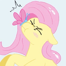 Size: 640x640 | Tagged: safe, artist:lynmunn, fluttershy, butterfly, pegasus, pony, blushing, eyes closed, solo