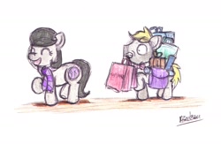 Size: 1657x1080 | Tagged: safe, artist:bobthedalek, oc, oc only, oc:mixed melody, oc:octavia's father, oc:octavia's mother, oc:ostinato melody, earth pony, pony, bags, clothes, duo, female, male, mouth hold, scarf, shopping, traditional art