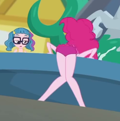 Size: 492x493 | Tagged: safe, screencap, pinkie pie, technicolor waves, better together, equestria girls, x marks the spot, ass, balloonbutt, butt, clothes, cropped, female, glasses, legs, swimsuit