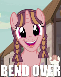 Size: 600x761 | Tagged: safe, screencap, the cutie map, bacon braids, bend over, image macro, meme, meta, solo