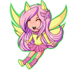 Size: 1024x1024 | Tagged: safe, artist:theimaginaryking, fluttershy, human, equestria girls, eyes closed, female, humanized, open mouth, ponied up, simple background, solo, transparent background, winged humanization, wings, yay