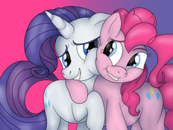 Size: 1600x1200 | Tagged: safe, artist:pavlovzdawg, pinkie pie, rarity, earth pony, pony, unicorn, cute, diapinkes, female, floppy ears, hug, lesbian, looking at each other, mare, raribetes, raripie, shipping, squishy cheeks