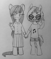 Size: 1117x1280 | Tagged: safe, artist:theorderofalisikus, dj pon-3, octavia melody, vinyl scratch, anthro, blushing, cute, cutie mark on clothes, eyes closed, female, holding hands, lesbian, music notes, peace sign, scratchtavia, shipping, simple background, sketch, tavibetes, traditional art, vinylbetes, younger