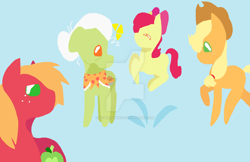 Size: 1024x664 | Tagged: safe, artist:bowlobunnys, apple bloom, applejack, big macintosh, granny smith, earth pony, pony, apple family, blue background, bow, cowboy hat, female, filly, hair bow, hat, male, mare, missing accessory, missing cutie mark, ms paint, simple background, stallion, watermark