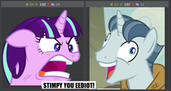 Size: 518x277 | Tagged: safe, artist:dasprid, party favor, starlight glimmer, pony, unicorn, the cutie map, angry, bust, cross-popping veins, derp, derpibooru, exploitable meme, faic, i didn't listen, juxtaposition, juxtaposition win, meme, meta, ms paint, ragelight glimmer, ren and stimpy, vein, vein bulge