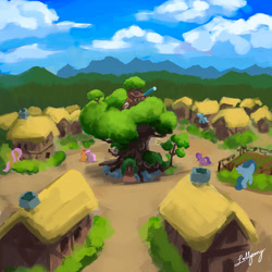 Size: 1000x1000 | Tagged: safe, artist:lollipony, fluttershy, pegasus, pony, golden oaks library, mountain, mountain range, ponyville, scenery, tree, village