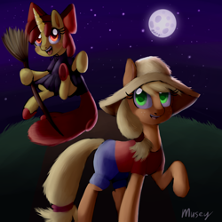 Size: 4320x4320 | Tagged: safe, artist:lamentedmusings, apple bloom, applejack, pony, absurd resolution, broom, clothes, cosplay, costume, female, flying, flying broomstick, halloween, holiday, kiki's delivery service, moon, night, nightmare night, sisters, species swap, ursula (kiki's delivery service)