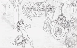 Size: 3270x2053 | Tagged: safe, artist:lordspiffy, dj pon-3, twilight sparkle, vinyl scratch, pony, unicorn, bipedal, column, crossover, crypt of the necrodancer, dj booth, female, inside, levitation, magic, mare, monochrome, pencil drawing, skull, standing, sword, telekinesis, torch, traditional art, weapon