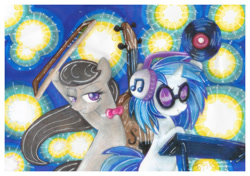 Size: 899x634 | Tagged: safe, artist:kawaii-desudesu, dj pon-3, octavia melody, vinyl scratch, earth pony, pony, slice of life (episode), traditional art