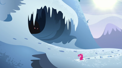 Size: 1280x720 | Tagged: safe, screencap, pinkie pie, pony, yeti, party pooped, cave, eyes in the dark, female, mare, snow, snowbutt mctwinkles, yaket range