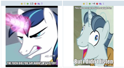 Size: 600x328 | Tagged: safe, party favor, shining armor, pony, unicorn, derpibooru, exploitable meme, i didn't listen, juxtaposition, juxtaposition win, meme, meta