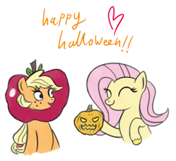 Size: 1119x1025 | Tagged: safe, artist:faience, applejack, fluttershy, earth pony, pegasus, pony, halloween, holiday, jack-o-lantern, pumpkin, simple background, white background