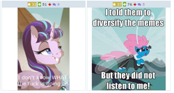 Size: 523x281 | Tagged: safe, seabreeze, starlight glimmer, breezie, pony, unicorn, derpibooru, exploitable meme, image macro, juxtaposition, juxtaposition win, meme, meta