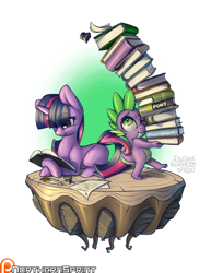 Size: 1024x1325 | Tagged: safe, artist:northernsprint, derpibooru import, spike, twilight sparkle, dragon, book, dirt cube, missing cutie mark, patreon, patreon logo, reading, simple background, white background