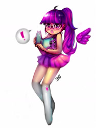 Size: 1000x1333 | Tagged: safe, artist:sukesha-ray, spike, twilight sparkle, twilight sparkle (alicorn), alicorn, human, adorkable, blushing, clothes, cute, dork, exclamation point, glasses, humanized, miniskirt, open mouth, pleated skirt, ponytail, simple background, skirt, socks, white background, winged humanization