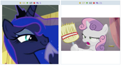 Size: 513x275 | Tagged: safe, princess luna, sweetie belle, alicorn, pony, bloom and gloom, derpibooru, exploitable meme, juxtaposition, juxtaposition win, meme, meta, mop