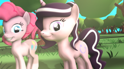 Size: 1024x576 | Tagged: safe, artist:okimichan, pinkie pie, oc, oc:magpie, pony, unicorn, 3d, female, happy, mare