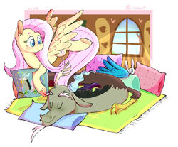 Size: 1579x1310 | Tagged: safe, artist:1racat, angel bunny, discord, fluttershy, draconequus, pegasus, pony, discoshy, female, hoof hold, interior, male, mare, pillow, prone, shipping, smiling, spread wings, straight, wings