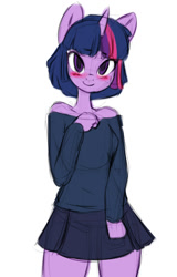 Size: 800x1253 | Tagged: safe, artist:skecchiart, twilight sparkle, anthro, unicorn, alternate hairstyle, blushing, clothes, female, looking at you, simple background, sketch, smiling, solo, white background