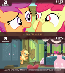 Size: 854x960 | Tagged: safe, screencap, apple bloom, applejack, scootaloo, earth pony, pony, somepony to watch over me, cinemare sins, no time for a song