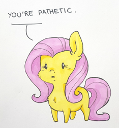 Size: 896x956 | Tagged: safe, artist:buttersprinkle, fluttershy, pegasus, pony, beady eyes, chibi, dialogue, female, mare, reaction image, simple background, text, traditional art