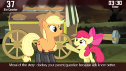 Size: 854x480 | Tagged: safe, screencap, apple bloom, applejack, earth pony, pony, somepony to watch over me, cinemare sins