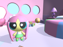 Size: 1280x960 | Tagged: safe, fluttershy, ball, bed, blocks, bubbles (powerpuff girls), female, hair bow, lamp, looking at you, pink hair, powerpuffified, skirt, the powerpuff girls, windows, yellow skin