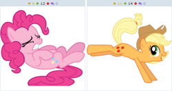 Size: 508x270 | Tagged: safe, derpibooru import, applejack, pinkie pie, earth pony, pony, derpibooru, exploitable meme, juxtaposition, juxtaposition win, meme, meta, pinkiebuse