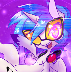 Size: 516x522 | Tagged: safe, artist:lolopan, dj pon-3, vinyl scratch, bat pony, pony, fangs, headphones, looking at you, race swap, solo