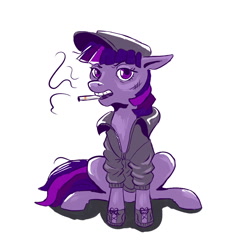 Size: 1000x1000 | Tagged: safe, artist:dafyra, twilight sparkle, cigarette, clothes, hat, jacket, shoes, simple background, sitting, smoking, solo, white background