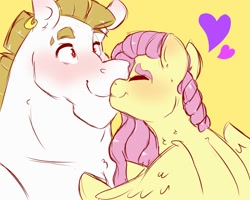 Size: 2000x1600 | Tagged: safe, artist:canisrettmajoris, bulk biceps, fluttershy, pegasus, pony, blushing, digital art, eyes closed, female, flutterbulk, heart, kissing, looking at each other, male, mare, nuzzling, shipping, simple background, smiling, stallion, straight, yellow background