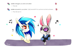 Size: 903x600 | Tagged: safe, artist:phyllismi, dj pon-3, vinyl scratch, pony, unicorn, crossover, grin, headphones, judy hopps, tumblr, zootopia