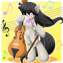 Size: 2000x2000 | Tagged: safe, artist:ragurimo, octavia melody, earth pony, pony, semi-anthro, abstract background, bipedal, bow, bowtie, cello, looking at you, music notes, musical instrument, smiling, solo, standing