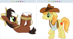 Size: 508x270 | Tagged: safe, braeburn, trouble shoes, appleoosa's most wanted, broken leg, derpibooru, exploitable meme, frown, gritted teeth, hogtied, injured, juxtaposition, juxtaposition win, legs in air, meme, meta, on back, rope, tied up, wide eyes, younger