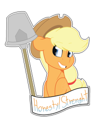 Size: 900x1153 | Tagged: safe, artist:eivilpotter, applejack, earth pony, pony, female, incorrect eye color, mare, misspelling, old banner, shovel, solo