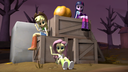 Size: 1920x1080 | Tagged: safe, artist:creatorofpony, artist:razethebeast, derpibooru import, applejack, fluttershy, twilight sparkle, twilight sparkle (alicorn), alicorn, equestria girls, 3d, boots, clothes, cowboy boots, cowboy hat, crates, denim skirt, hat, shoes, sitting, skirt, source filmmaker, stetson, tanktop, waving