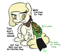 Size: 1000x872 | Tagged: safe, artist:wuzzlefluff, oc, oc only, oc:anon, oc:corn, human, corn, dialogue, food, hand, holding, looking at something, offscreen character, racial slur, simple background, sitting, vulgar, white background