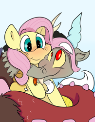 Size: 1000x1280 | Tagged: safe, artist:amare-fide, discord, fluttershy, draconequus, pegasus, pony, cute, discoshy, discute, female, looking at each other, male, mare, shipping, shyabetes, simple background, smiling, snuggling, straight, white background