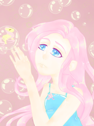 Size: 398x532 | Tagged: safe, artist:oulo, fluttershy, human, bubble, clothes, humanized, looking at something, looking up, reaching, solo