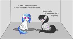 Size: 1922x1022 | Tagged: safe, artist:planetkiller, dj pon-3, octavia melody, vinyl scratch, earth pony, pony, chest fluff, cute, looking down, pun, raised hoof, simple background, sitting, text, vulgar