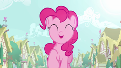 Size: 1280x720 | Tagged: safe, screencap, pinkie pie, earth pony, pony, a friend in deed, happy, house, ponyville, smile song, smiling, trotting