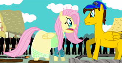 Size: 3648x1890 | Tagged: safe, artist:sb1991, fluttershy, oc, oc:film reel, pegasus, pony, angry, clothes, crowd, crying, dress, fanfic art, hat, link in description, ponyville, story art