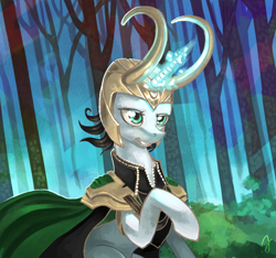 Size: 638x598 | Tagged: safe, artist:erinliona, pony, unicorn, cape, clothes, forest, loki, male, ponified, raised hoof, sitting, solo, stallion, tree