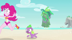 Size: 1920x1080 | Tagged: safe, edit, edited screencap, editor:slayerbvc, screencap, fluttershy, pinkie pie, spike, spike the regular dog, dog, better together, equestria girls, forgotten friendship, accessory-less edit, beach, clothes, female, geode of sugar bombs, male, missing accessory, one-piece swimsuit, rock horse, running, swimsuit