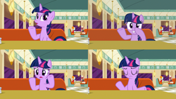 Size: 1280x720 | Tagged: safe, derpibooru import, twilight sparkle, twilight sparkle (alicorn), alicorn, pony, the saddle row review, background pony, booth, loss (meme), screencap comic, sitting, table, window