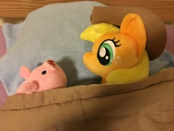 Size: 4032x3024 | Tagged: safe, applejack, earth pony, pig, pony, 28 pranks later, 4de, applejack's bed partner, bed, defictionalization, irl, meme, parody, photo, pillow, plushie, scene parody, sleeping, waddles