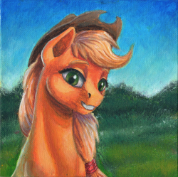 Size: 1200x1195 | Tagged: safe, artist:sa1ntmax, applejack, earth pony, pony, bust, grin, painting, portrait, smiling, solo, traditional art