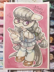 Size: 960x1280 | Tagged: safe, artist:mosamosa_n, octavia melody, earth pony, pony, semi-anthro, book, braid, clothes, cute, glasses, miniskirt, moe, pigtails, pleated skirt, school uniform, schoolgirl, shoes, skirt, socks, solo, tavibetes, traditional art, twintails, watercolor painting
